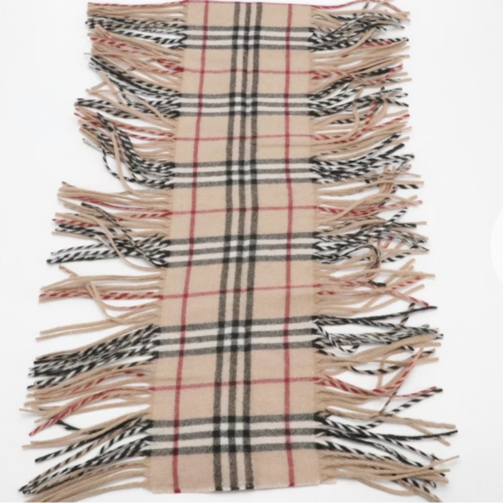 NWT Authentic Cashmere Burberry Classic Tan Plaid Scarf with Fringe